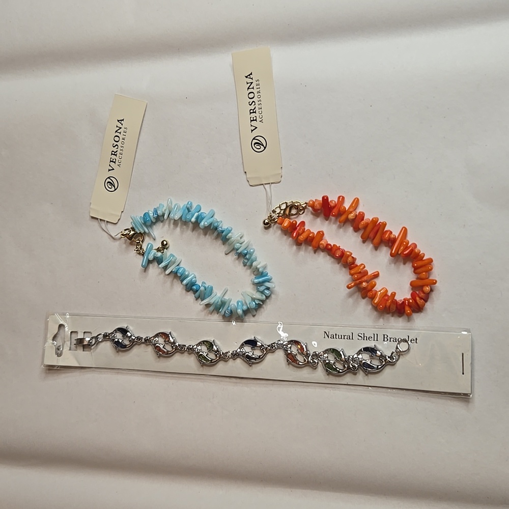 NWT 3 Pc Bracelet Bundle Inlay Shell Dolphins Simulated Coral Beads Blue